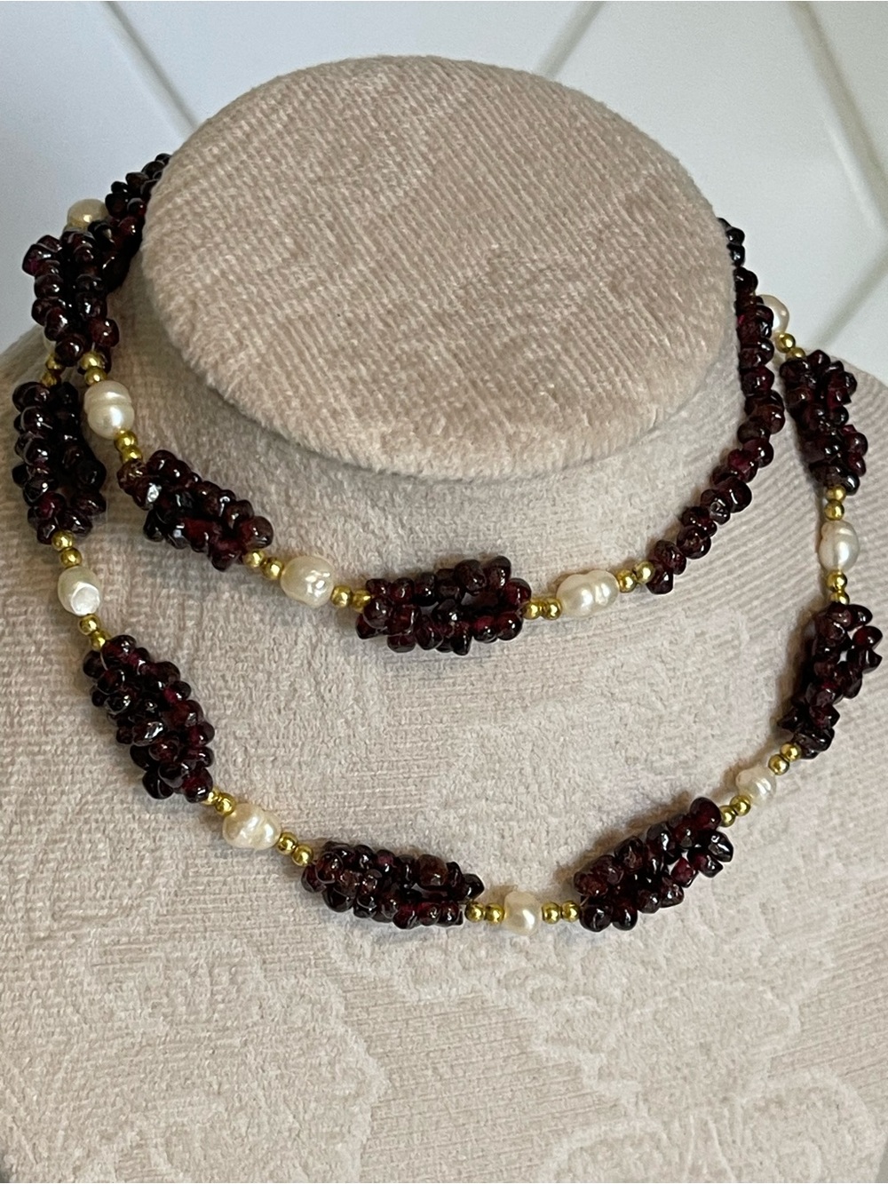 Handcrafted Garnet Cluster & Pearl Necklace with Gold Beads